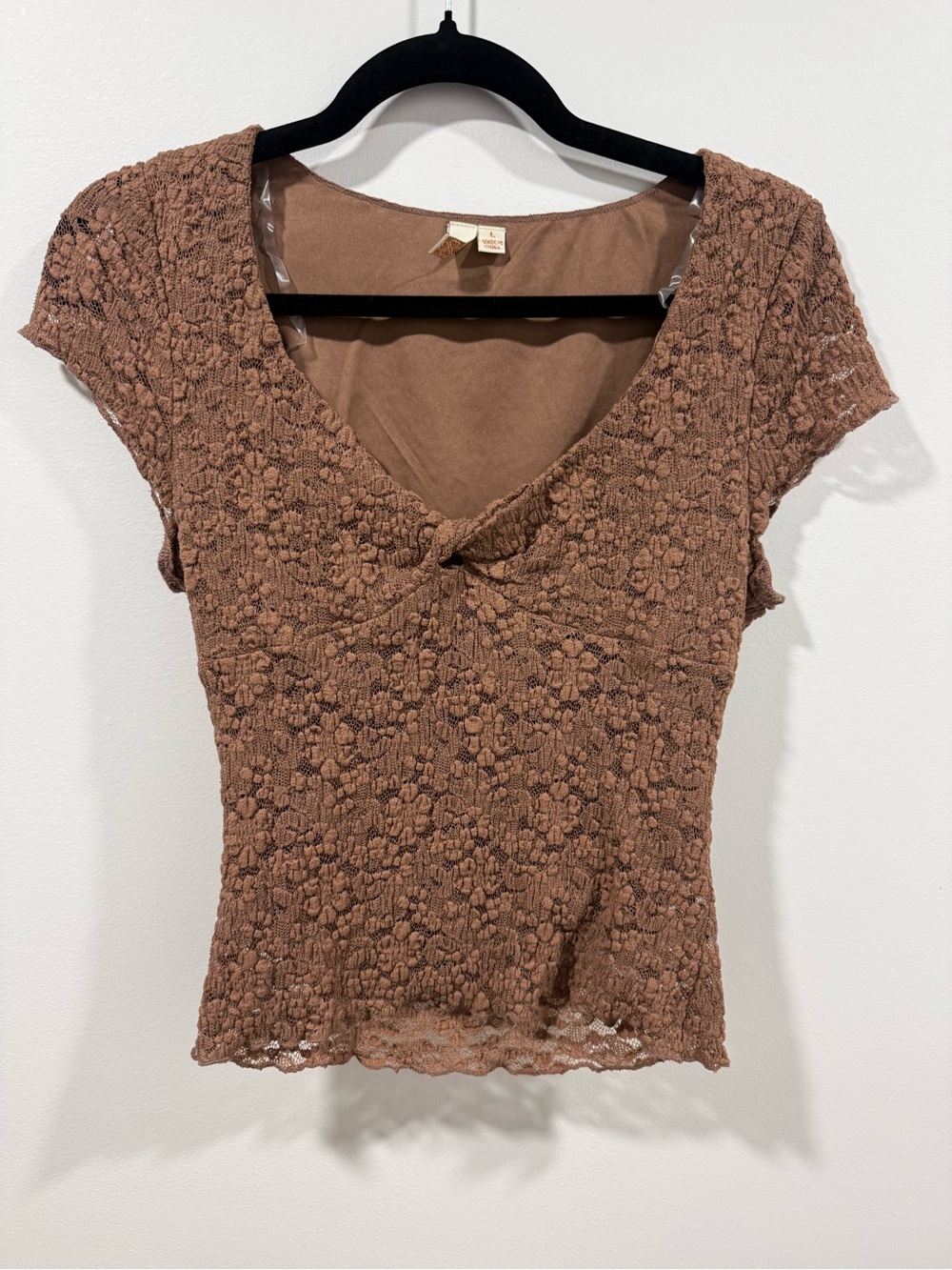 T.J.Maxx Brown Floral Lace Short Sleeve V-Neck Top